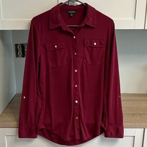 Ralph Lauren Women's Burgundy Utility Stretchy Button Down Top Sz L Preppy Chic